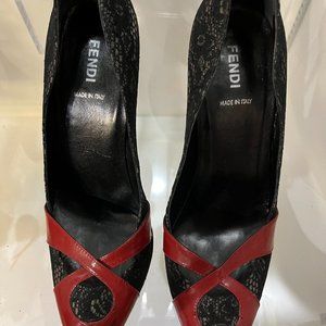 Fendi women's pumps, intricate design of burgundy patent and black lace. Size 8.